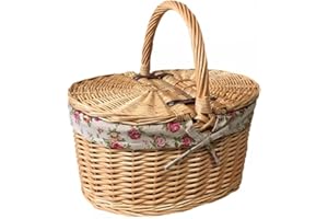 Red Hamper Wicker Willow Buff Willow Double Lidded Oval Picnic Basket with Garden Rose Lining
