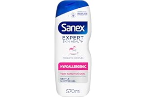 Sanex Expert Skin Health Hypoallergenic Shower Gel l 570ml, for Very Sensitive Skin, Sensitive Shower Gel, 12 Hour Hydration, Prebiotic & Postbiotic Complex, Dermatologically Tested, 0% Sulphates**