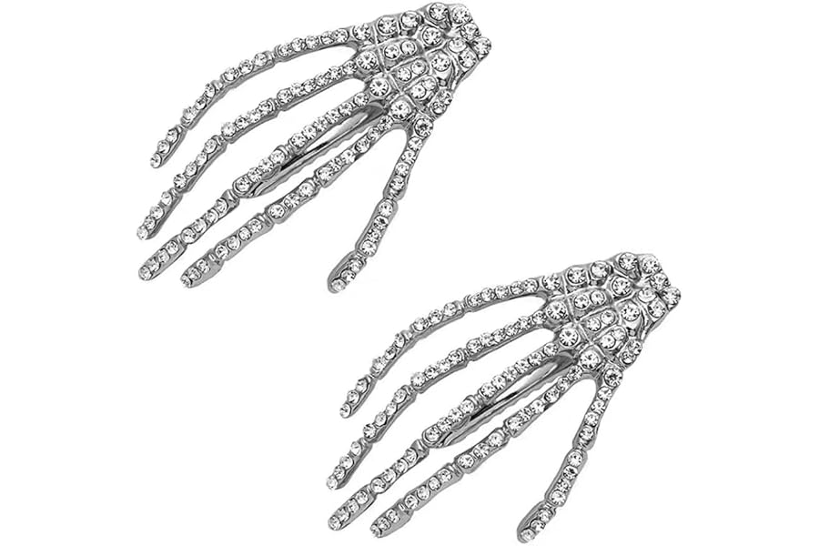 Hair Clip Rhinestone Skeleton Hand, 2 Count Halloween Hair Accessories for Women Girls, Silver, Skull Hand Hair Clips Barrett