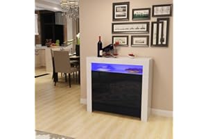 COLORSTONE Modern 2 High Gloss Doors Matt Body Sideboard Storage Cabinet with RGB LED Light in Living Room, Bedroom, 107 x 35 x 97 cm(White&Black)