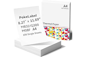 POKELABEL Thermal Printer Paper A4 8.27 x 11.69" for M08F-A4 M832 Q302 M835 Portable Printer, 100 Sheets, Black on White Thermal Paper, Writing Quick-Drying Printer Paper, Keep for 10-Year