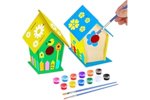 KKSJK DIY Holz-Vogelhaus Bausatz, zum Zusammenbauen und Bemalen, Inklusive 12 Farben und 2 Pinsel für Garten Outdoor Handwerk