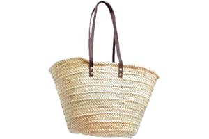 BIRDIKUS Capazo de Palma básico, cesta de fibras naturales, con asas larga de cuero curtido estilo rústico. Cesto o Bolso de mimbre para la playa (9V, aprox. 48x30 cm)
