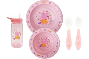 TINY TO TOTS BABY TO TODDLER Peppa Pig Toddler Cutlery Set, Square Straw Sipper 420ml, Fork & Spoon, Plate Dinnerware Set, Non-Spill Flip Up Spout Character Set, BPA Free Toddler Cutlery (Full Pink Bundle)