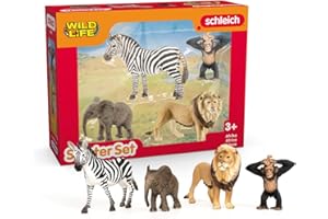 SCHLEICH Wild Life - 4PK Africa Starter Playset - Includes Zebra, Monkey, Elephant and Lion Toy Figures - Safari Figurines for Kids Ages 3+ | 42721