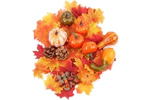 YEENEE 50pcs Artificial Pumpkins Autumn decoration set, Halloween Mini Fake Pumpkins Pine Cones Maple Leaves Acorns Decoration Set, for Fall Thanksgiving, Wedding, Halloween, Christmas Home Decor
