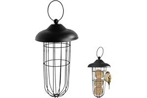 NYXSEAT 1 mangiatoia per uccelli a griglia nera, con tetto, supporto per gnocchi di mais da appendere, mangiatoia per uccelli, design in metallo