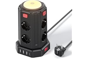 KEMELO Torre Regletas Enchufes (3600W/16A), 2 M Enchufes Vertical con 4 Puertos USB y 8 Enchufes Tomas Protección con Interruptor y luz para Mesa, Oficia, Casa