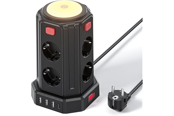 12 en 1 Multiprise avec Interrupteur (3600W/16A), 2M Tour Multiprise with 4 USB Ports and 8 Sockets, avec Lumière pour Le Bureau et la Maison