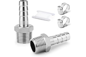 TAISHER 2PCS Raccords pour tuyaux d'air en acier inoxydable 304 forgé, Raccords pour tuyaux Barb 25MM Barb x 1-1/2" MBSP Adaptateur de tuyau avec 2PCS Collier de serrage pour tuyau