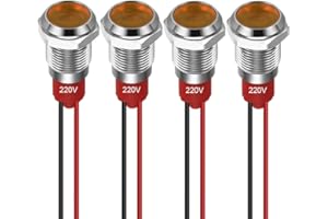 GUUZI 4pcs 10mm Indicador Luz LED 220-230V Luz Señal a Prueba de Agua Panel de Metal Indicador LED Luz Señal Montaje en Panel Cabeza Plana con Cables Carcasa Plateada (Amarillo)