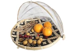 DETONTSAI Cubierta para alimentos de bambú antimosquitos cestas de almacenamiento plegable hecha a mano, recogedor de frutas, a prueba de polvo, cubierta de malla para picnic (40 cm de diámetro)