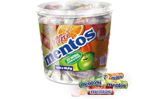 Mentos Mini Rouleaux Fruits Bonbons aux Tendres et Croquants 120-Pièces Tubo, 4 Goûts Assortis, Multicolore