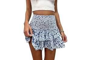 seiveini Faltenrock Damen Rock Sommer Boho Blumen Rock Rüschen Kurz Plissee Rock Elastische Hohe Taille Sommerrock A Linie Falten Minirock Strandrock Röcke Casual