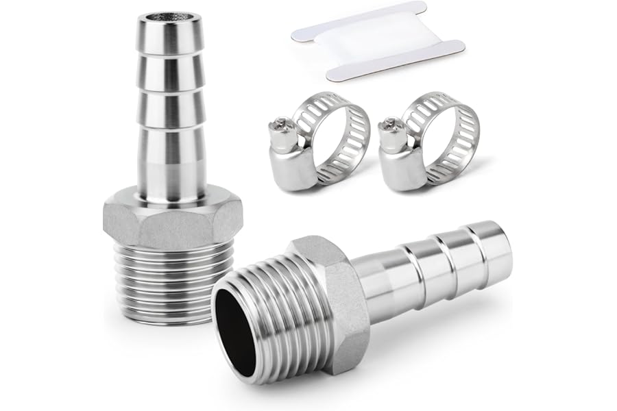 ERGAOBOY 2 Pcs 304 Stainless Steel Hose Barb Fittings, 8mm Barb to 1/8" BSP Male Thread, Industrial Compression Pipe Connector for Water, Fuel, Air, Hydraulic Systems