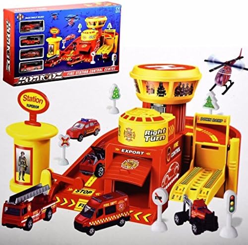 The Magic Toy Shop Fire Station Control Center Play Set Toy Garage Ramp Diecast Cars Vehicles