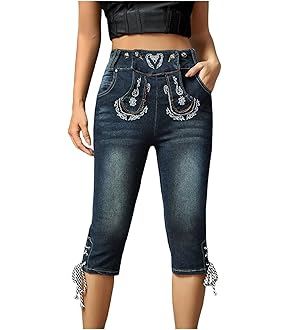 Trachtenhose Damen 3/4 Lederoptik - Stretch Jeans Für Oktoberfest Und Volksfeste