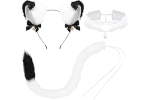 XEPST Set Coda e Orecchie, Kit con Orecchie e Coda da Gatto Bianco di Volpe in Pelliccia Sintetica con Super Enorme Coda Soffice, Orecchie e Collare Campanelle per Accessori per Costumi Feste