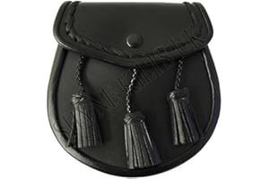 Shyne Kilts U.K Ensemble Sporran en cuir noir pour kilt écossais avec glands - Tenue de jour