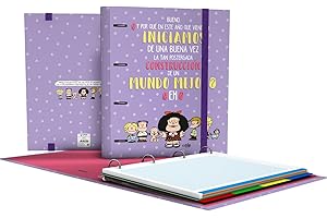 GRAFOPLAS Grafoplás 88102659. Carpeta con Recambio, A4, 4 Anillas, 100 Hojas Cuadriculadas 5x5, Borde Color, Separadores, Sobre Transparente, Lomo Curvo, Carpebook, Colección Mafalda, Esperanza