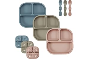 PandaEar 3 Pack Baby Suction Plates for Weaning with Spoons, Silicone Toddler Plates for Childrens Kids, Unbreakable Divided Baby Plate with Suction, Non-Slip, Non-Toxic, BPA Free (Blue Red Brown)