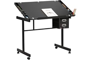 DlandHome Stół kreślarski na kółkach, biurowy, regulowany, stół kreślarski ze szkła, stół kreślarski z miejscem do przechowywania, stół architekta, biurko hobbystyczne / rękodzieło/szkic do