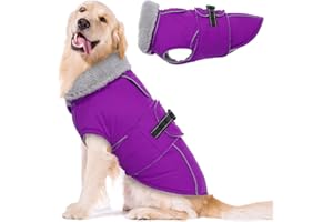 Lelepet Warm Coats and Jackets for Dogs, Waterproof Winter Dog Coat for Cold Weather, Reflective Dog Puffer Jacket, Fleece Lining Pet Coat with Harness Hole for Large Dogs, Purple XL