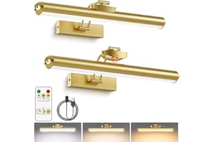 AIXPI Picture Lights for Wall, Battery Operated Wall Lights with Remote, Dimmers, Timers & 3 Color Temps, 12.6 in Rechargeable LED Metal Wall Sconces for Living Room, Artworks, Gold 2 Pack
