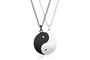 PiercingJak 2 Freundschaftsketten Tai Chi Kette mit Yin Yang Puzzle Strass Anhänger Partner Halskette Liebe Freundschaft Geschenke für BFF Pärchen Familie, Silber Schwarz