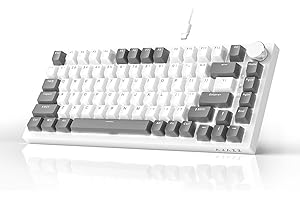 AJAZZ AK820 Mechanical Keyboard, 75% Hot Swappable Wired Keyboard with Volume Control Knob, PBT Keycaps, Five-layer Sound Insulation Pad, 82-Key Gaming Keyboard, Grey White