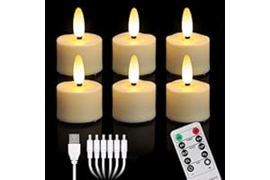 ‎YUNSHENG yunsheng 6 Stück Wiederaufladbare LED Teelichter, Flammenlose Kerzen mit Timer-Fernbedienung und 6 Anschlüsse USB-Ladekabel, Warmweißes Flackernde Licht, Halloween Weihnachten Hause Hochzeit Deko