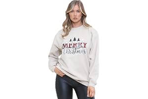 Crazy Fashion Womens Long Sleeve Merry Christmas Slogan Print Xmas Oversized Sweatshirt Ladies Round Neck Christmas Tree Jumper Top Pull Over Cardigan for Winter UK Size 8-14