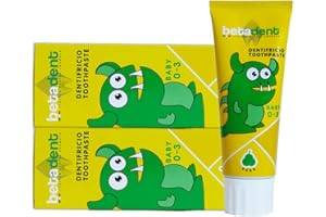 Betadent KIT 2 DENTIFRICIO BABY PER BAMBINI DA 0 A 3 ANNI. Senza Fluoro. Gusto Pera. Azione Antiplacca, facilita la dentizione. Formulazione naturale. 2x75ml