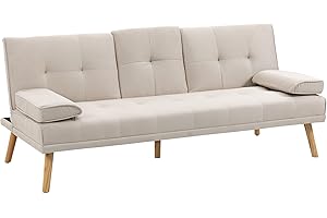 HOMCOM Divano Letto 3 Posti Stile Scandinavo Reclinabile con 2 Braccioli Staccabili e Rivestimento Effetto Lino e Tavolino a Ribalta, Beige