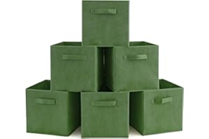 Set of 6 EZOWare Collapsible Fabric Storage Cube Organiser Bins, Collapsible Basket with Handles for Home, Kids Baby Nursery Room, Closet Toys Organisation, 26.7 x 26.7 x 27.8 cm/Kale Green