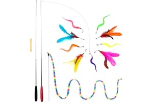 FYNIGO Cat Toys for Indoor Cats Adult Kitten, Interactive Cat Feather Wand Toys for Boredom and Exercise, 3 Teaser Wand with 9 Refills and 2 Spare Hook