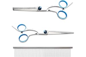 JRILUO Ciseaux Toilettage Chien, ciseaux chien toilettage incurvés en acier inoxydable & ciseaux pour chien à revêtement titane, avec sécurité, coupe, effilage et peigne, Bleu