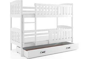 ‎INTERBEDS Interbeds Etagenbett Hochbett QUBA 200x90cm aus Kiefernholz, Farbe: WEIß ; mit Matratzen und Lattenroste (weiß + weiße Schublade)