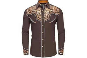 GENERIC Mens T-Shirt Men's Western Cowboy Shirts Long Sleeve Embroidered Shirts Slim Fit Casual Button Down Shirt with Pockets