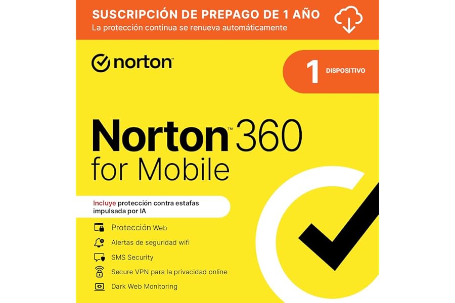 Norton 360 for Mobile 2026|1 Dispositivo|1 año con renovación automática| Descarga digital