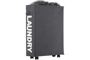 IHOMAGIC Panier à Linge Pliable avec ４ Roues, Corbeilles à Linge Mince et Pliant Bac à Linge Collecteur de Buanderie Petite Poignée pour Transporter et Ranger vêtements 35L ou Jouet, Gris Foncé