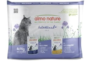 Almo Nature Functional - Intestinal Help - Alimento Umido per Gatti Adulti con Sensibilità Intestinale - con Pesce, con Pollame - Supporto per il Microbiota - 70g (Confezione da 6)