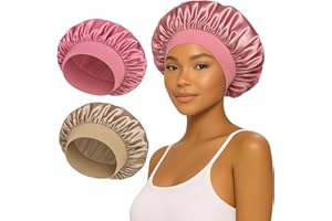NJCXOLA 2 pezzi Cuffia Seta Capelli Notte, Cuffia di Seta, Involucro di Seta per Capelli per Dormire, Cuffia Notte Capelli Ricci, Morbida e Confortevole Cuffia per Dormire in Raso (Grigio oro, Rosa)