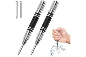NRAMWELL 2 Pieces Automatic Center Punch, Automatic Center Punch with 2 Pieces Replacement Tips, Spring Tension Center Punches, Automatic Center Punch Adjustable Impact for Wood, Wall, Metal, Glass