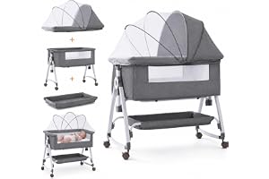 SKY-TOUCH Baby Bedside Crib Adjustable, Baby Cradle with Large Storage Basket, Travel Crib with Mattress Breathable Net,Mosquito Detachable, Soft s 360°Swivel Wheels, for Infants Newborn, Grey