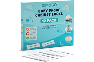 Ximogo® (12 Pack) Premium Cupboard Locks for Children - Baby Proofing Child Locks for Kitchen Cupboards - No Drill Installation - Secure Cabinets, Drawers, Toilets & More - Includes 4 Extra Adhesives