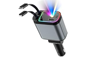Ofottofo 4 in 1 Einziehbares Auto Ladegerät Adapter, 66W Handy Schnelles Autoladegerät ZigarettenanzüNder USB C, Ladekabel Auto Kompatibel mit iPhone, Samsung Galaxy, Google Pixel, Zwei Lichtmodi