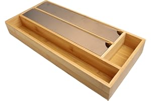 ‎MOON KITCHEN HOME MOON HOME Folienspender mit 4 Fächern, Alufolie, Frischhaltefolie & Backpapier, aus Bambus/Holz, Edelstahl-Schneideklinge, Folienschneider Küche, Folienspender Schublade, 42 x 19 x 5,4 cm