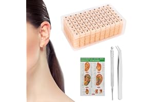 JAWUZ 600Pcs Graine D'oreille D'acupuncture,Vaccaria Graines D'oreille,Oreille Presse Graines Acupuncture,Tableau des points d'acupuncture auriculaire + pince à épiler + stylo de massage