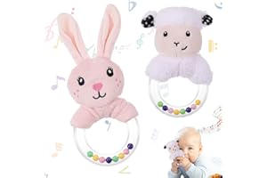 Heyu-Lotus 2Pcs Baby Soft Rattle Sensory Toys, Newborn Baby Rattle Stuffed Animals Hand Grip Set Early Educational Toy forToddler 0 3 6 9 12 Month Infant Boys Girls Shower Gift (Pink White)